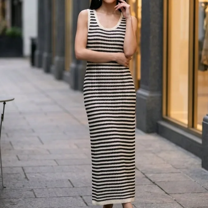 Women's Striped Denim Textured Midi Dress