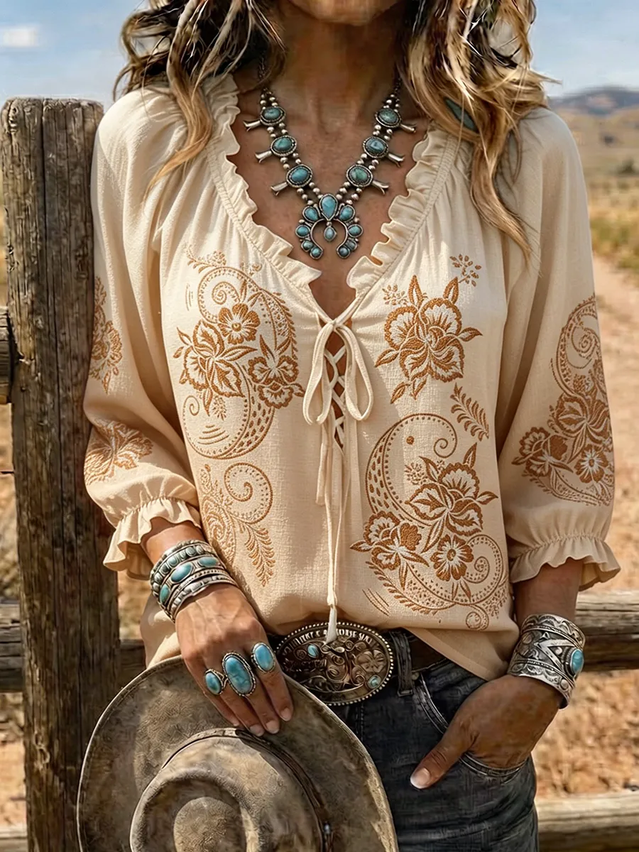 Women's Western Ombre Paisley Lace-Up Western Blouse