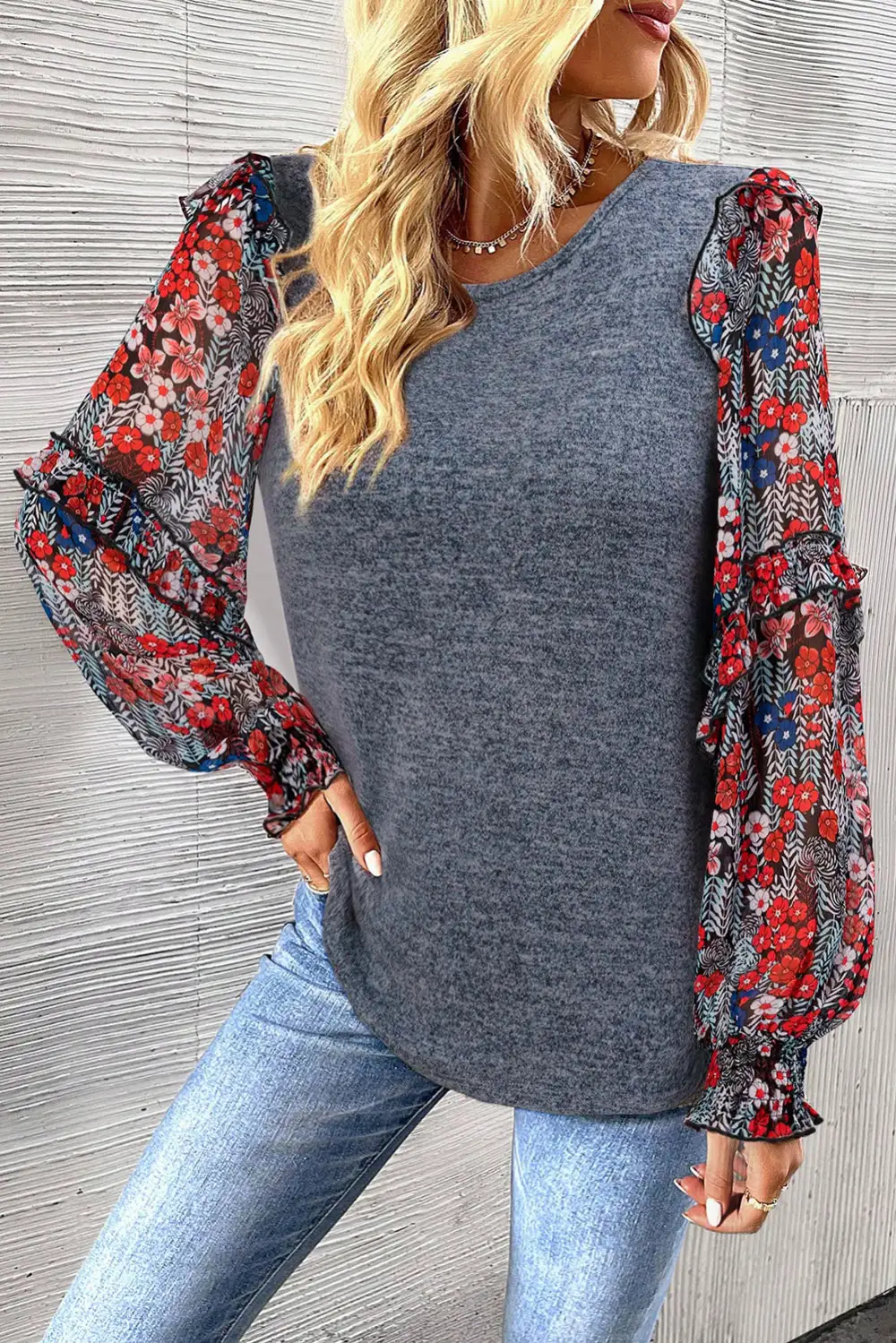 Floral Ruffled Crew Neck Blouse