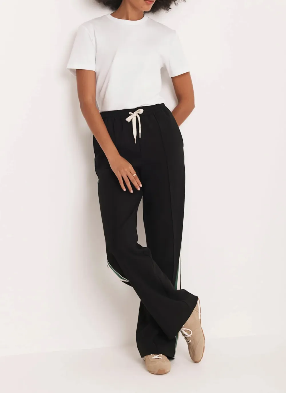 Casual Style Black Wide Side Stripe Trousers