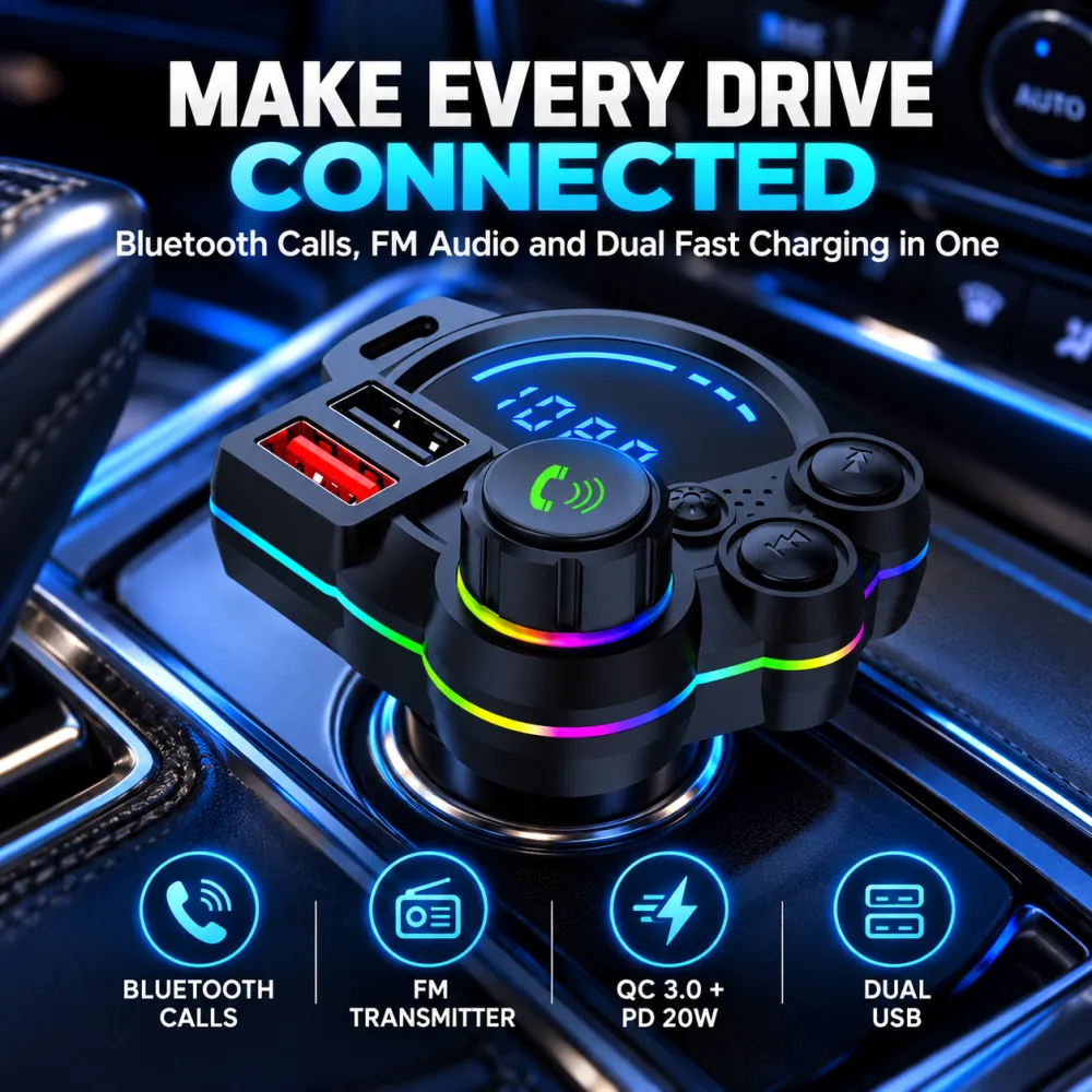 Universal Dual-Port Car FM Bluetooth Transmitter – Wireless Music, Hands-Free Calling & Dual USB Charger