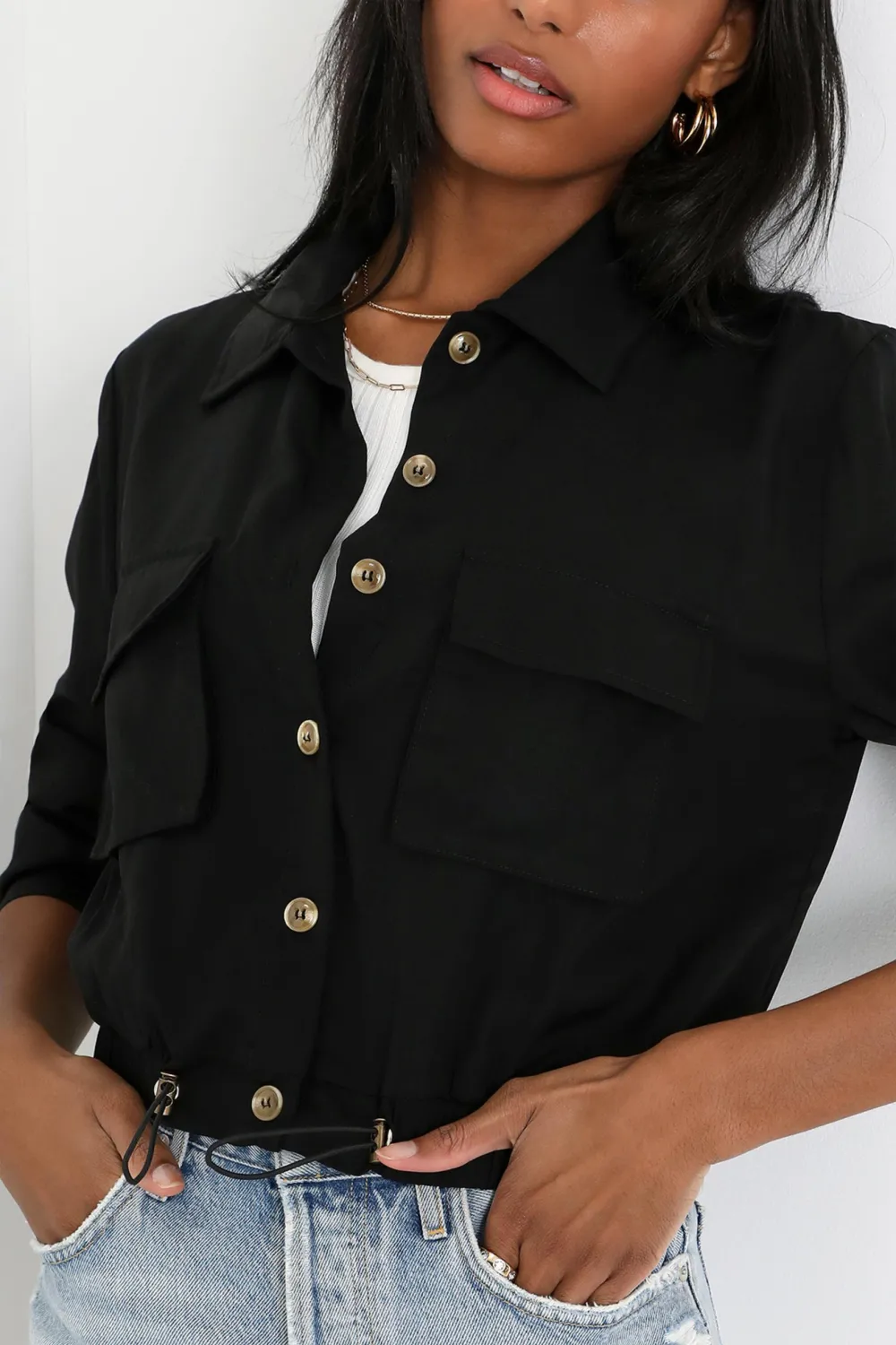 Casual Style Black Cropped Utility Jacket