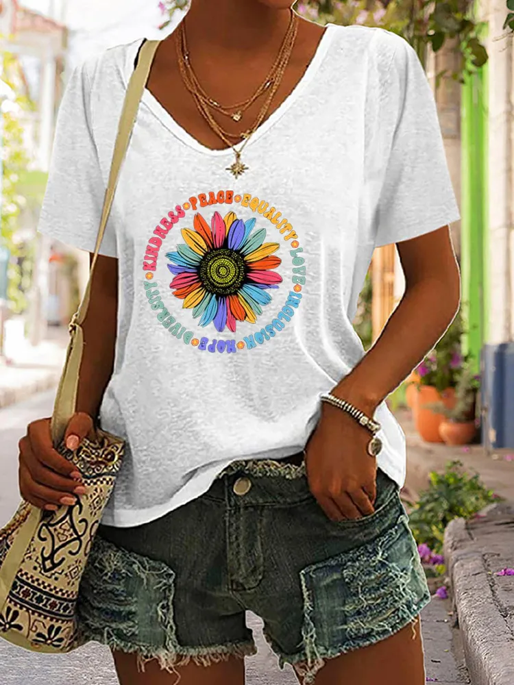 Black Floral Sunflower Pattern T-Shirt