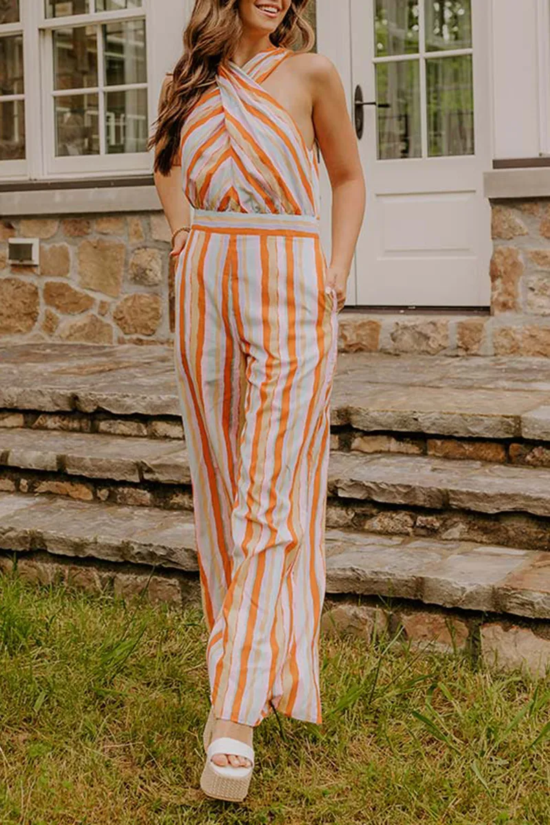 Striped All-Match Cross-Neck Women's Jumpsuit