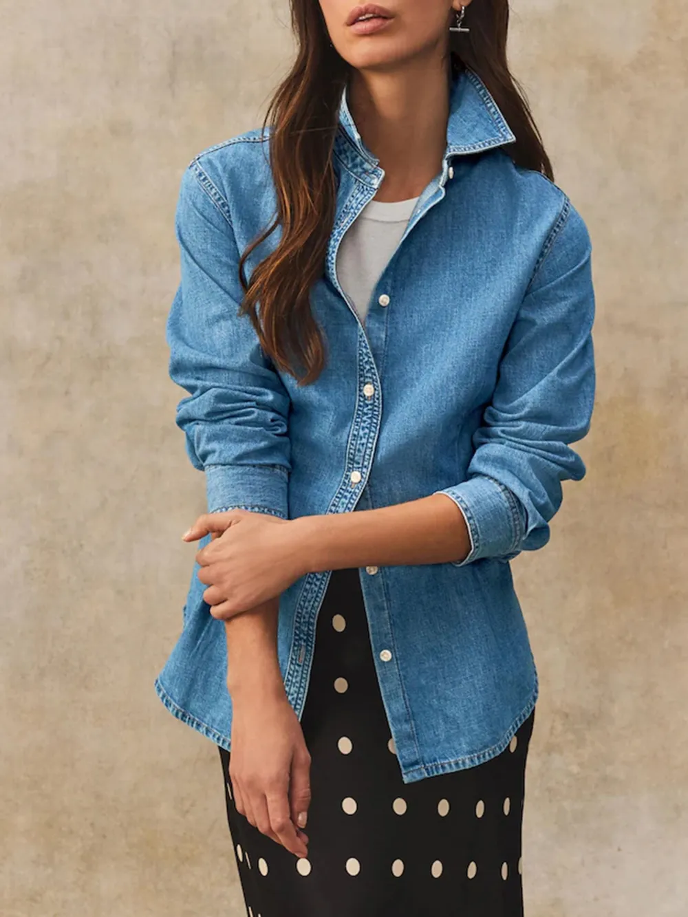 Mid-Blue Waist-Shaping Denim Shirt