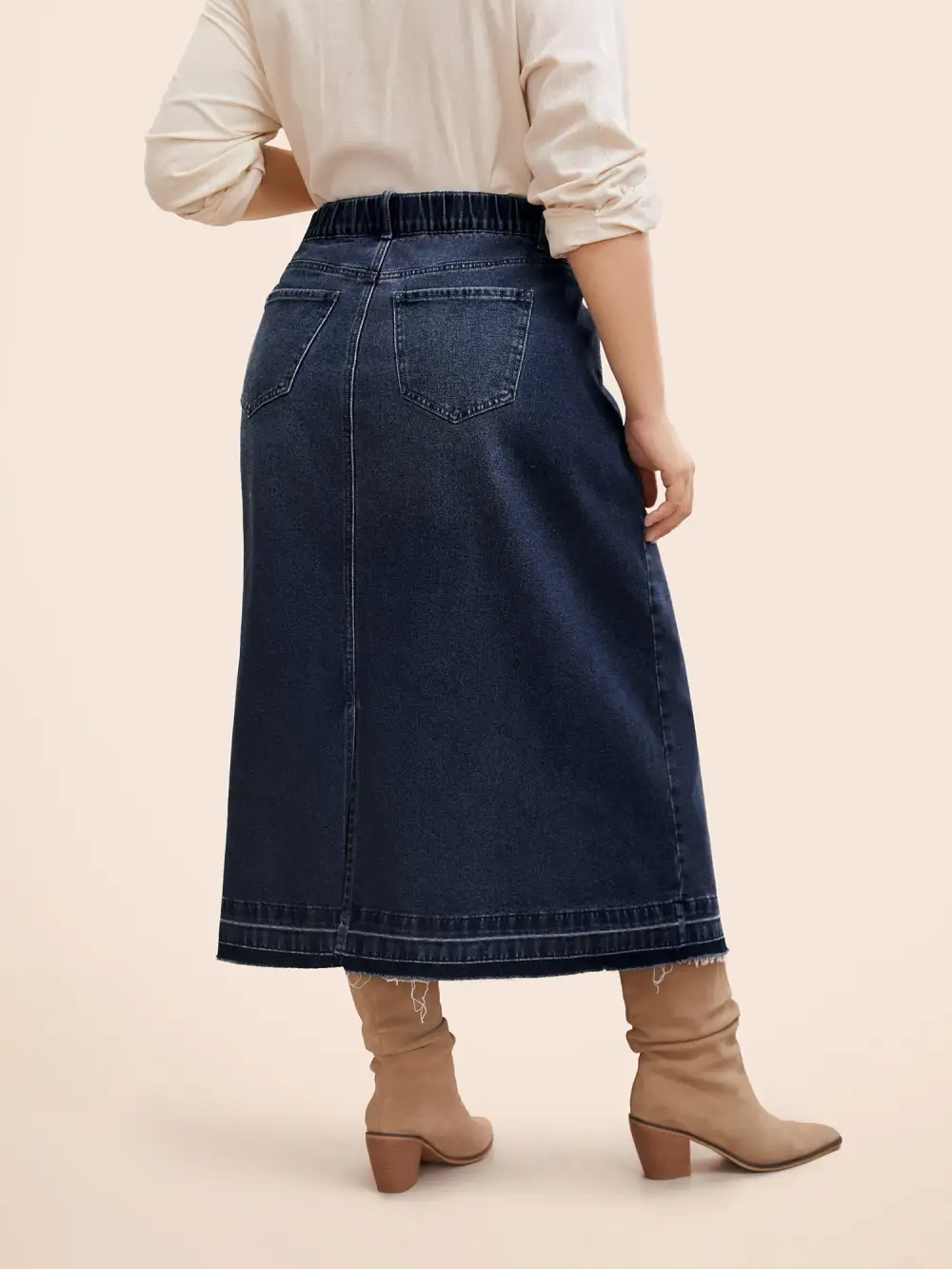 Stretch Denim Back Slit Midi Skirt