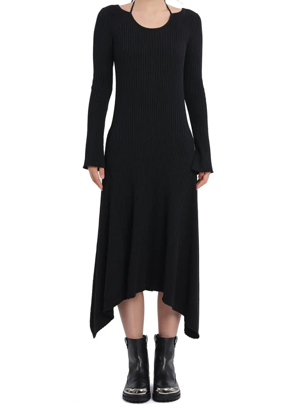 Asymmetric Hem Ribbed Sweater Dress