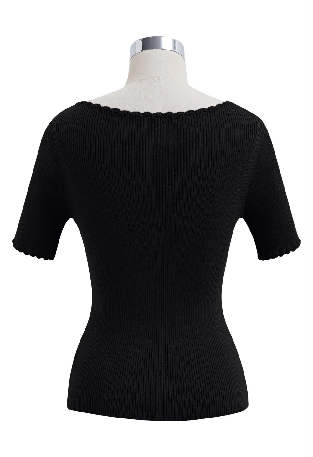 SCALLOPED EDGE SQUARE NECK SHORT SLEEVE KNIT TOP IN BLACK