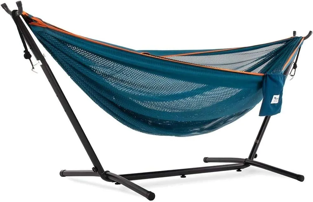 Double Cotton Hammock with Space Saving Steel Stand, Tropical (450 lb Capacity - Premium Carry Bag Included)