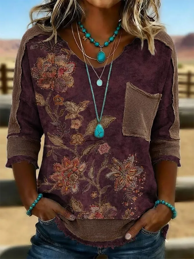 Vintage Floral Print Casual Hollow Patchwork Shirt