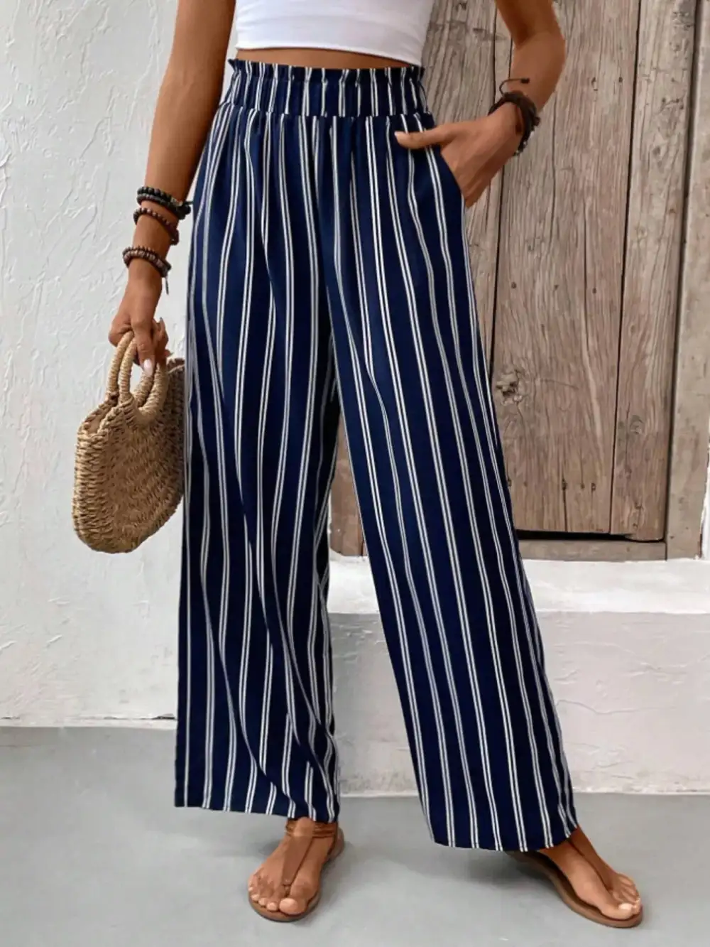 Full Size Striped High Waist Wide Leg Pants
