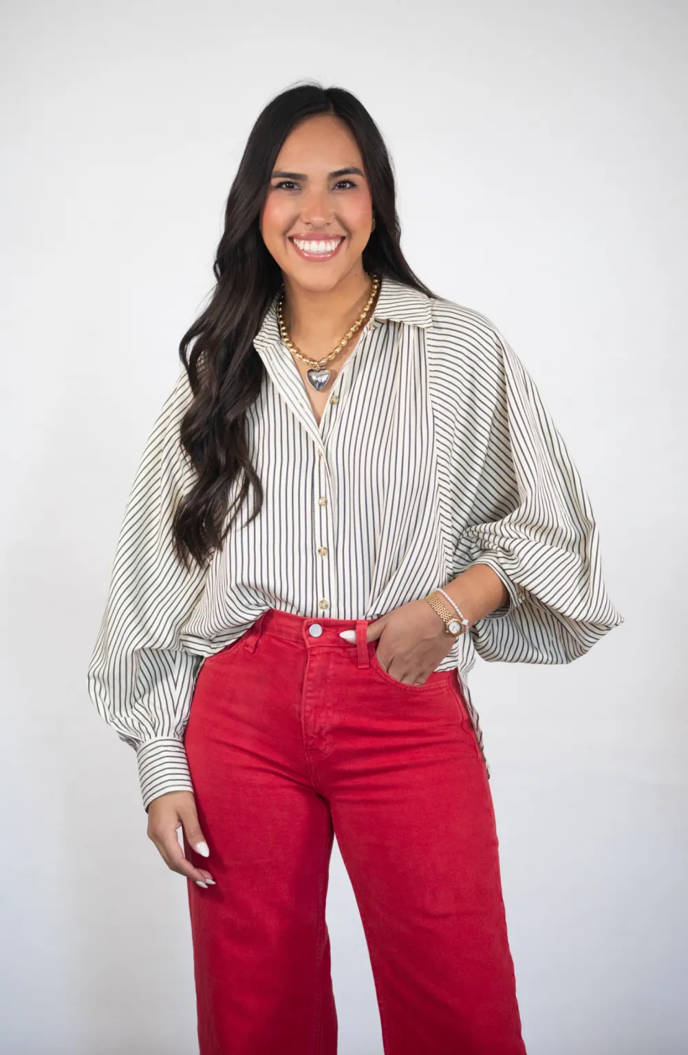 On This Day Black And Cream Striped Button Up Blouse