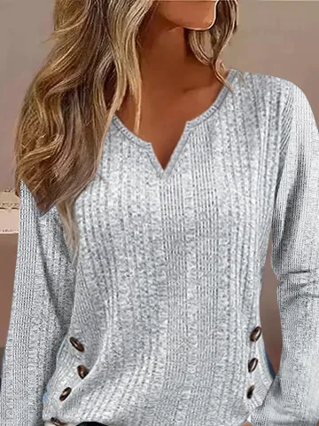 Casual Plain Notched Long Sleeve T-shirt