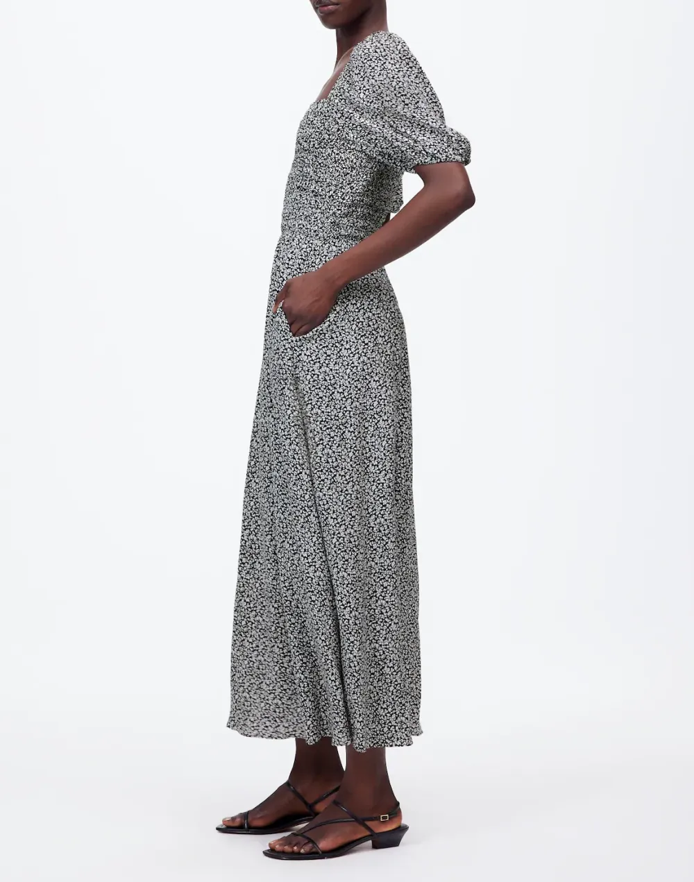 Smocked Puff-Sleeve Maxi Dress in Floral