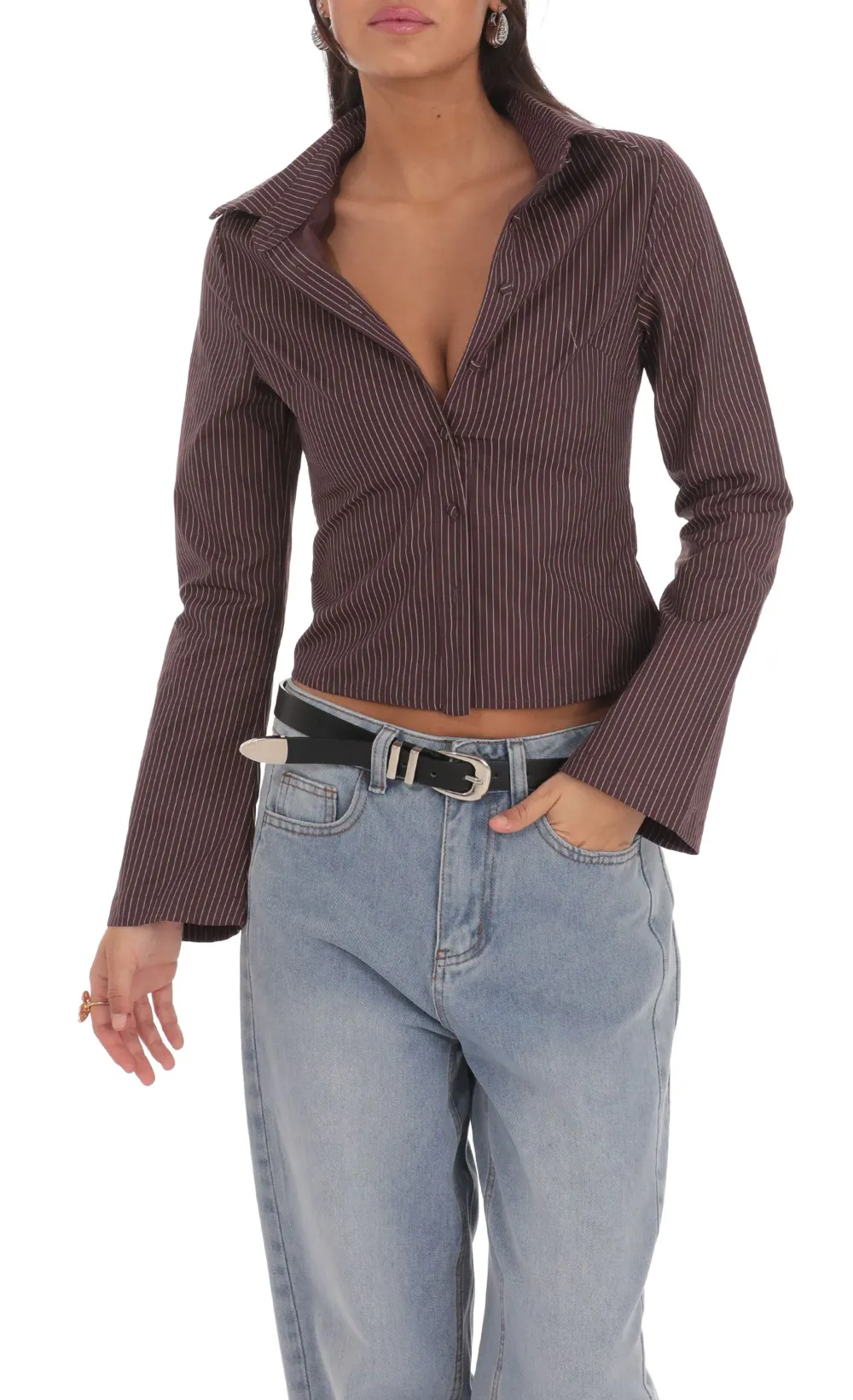 Pinstripe Button-Up Shirt In Brown
