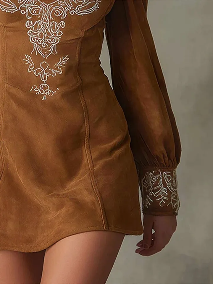 Western Retro Embroidered Brown V-Neck Long-Sleeve Suede Mini Dress