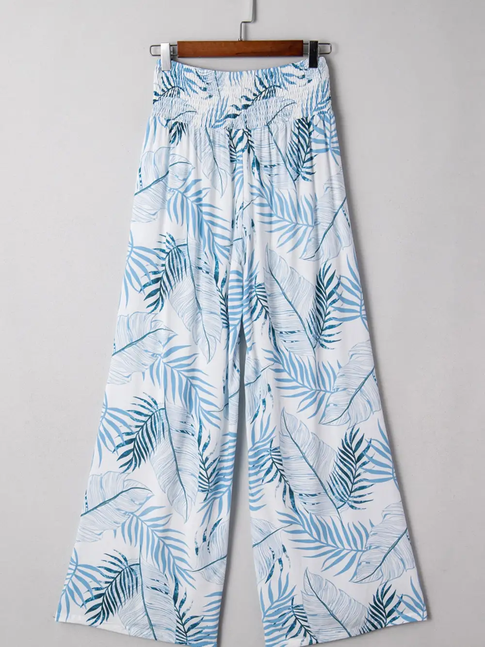 Tropical Print Shirred Waistband Wide Leg Pants