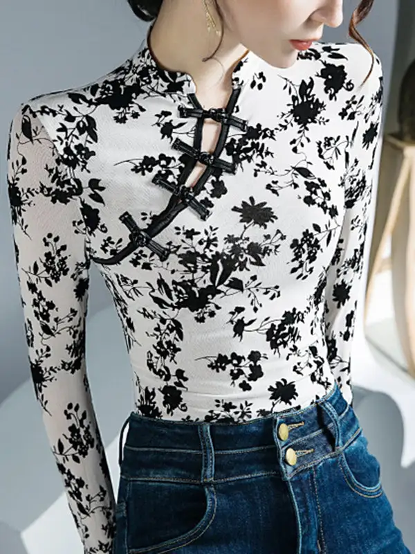 Long Sleeve Slim Fit Button Detail Floral Print Mesh Mock Neck T-Shirt