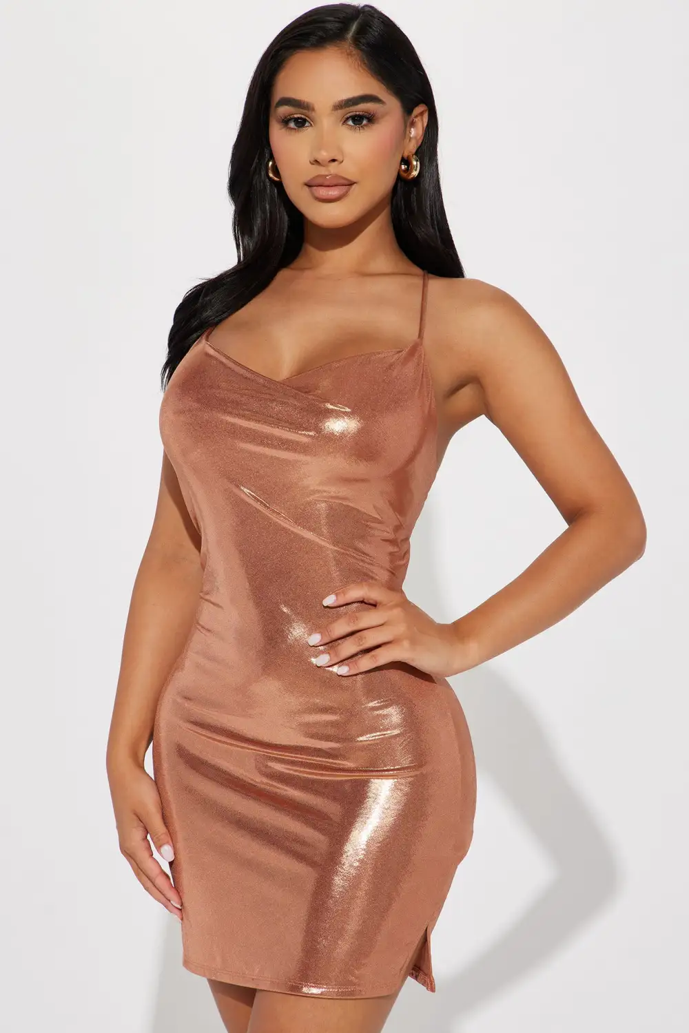 Sasha Metallic Slinky Mini Dress - Copper