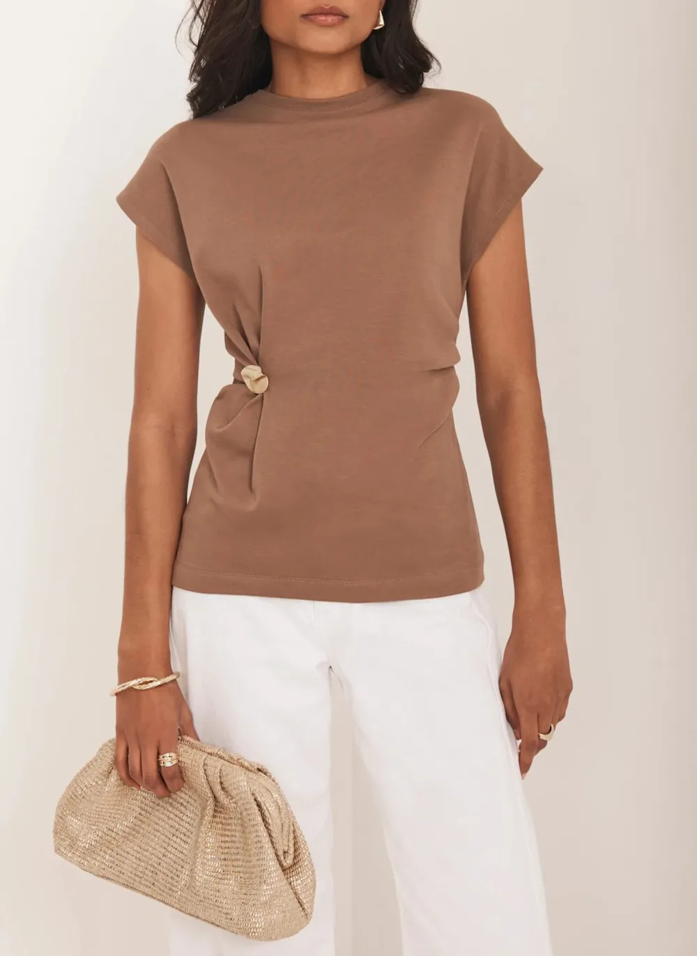 Casual Style Brown Gathered Detail T-Shirt