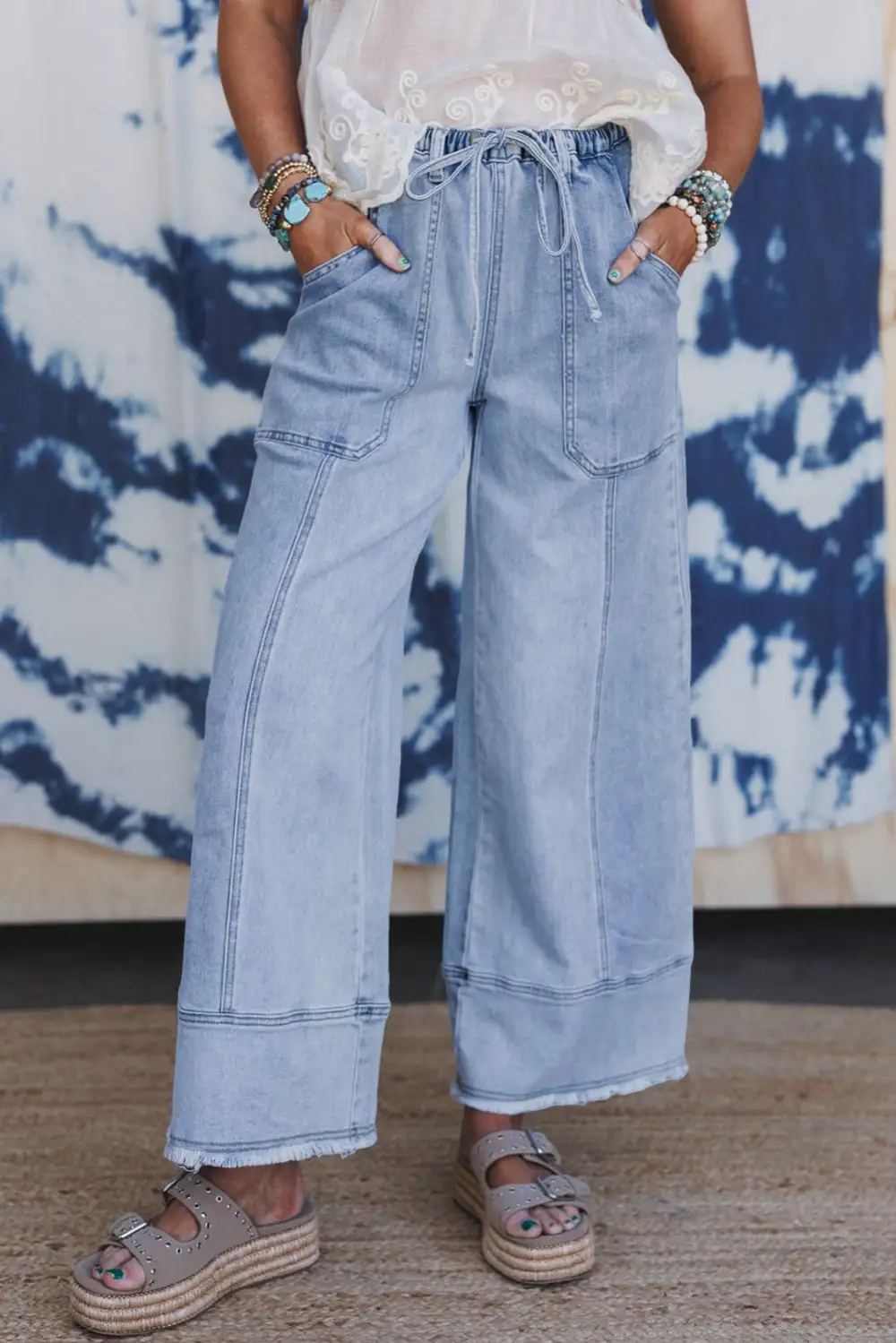 Laid Back Drawstring Seam Detail Raw Hem Wide Leg Denim Pants
