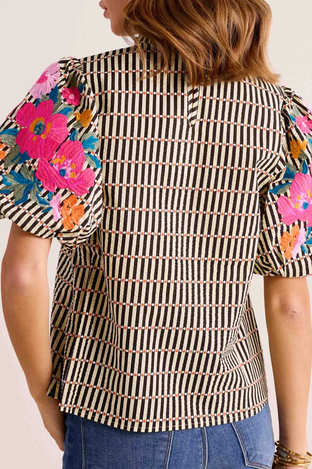 Floral Embroidered Puff Sleeve Checked Top