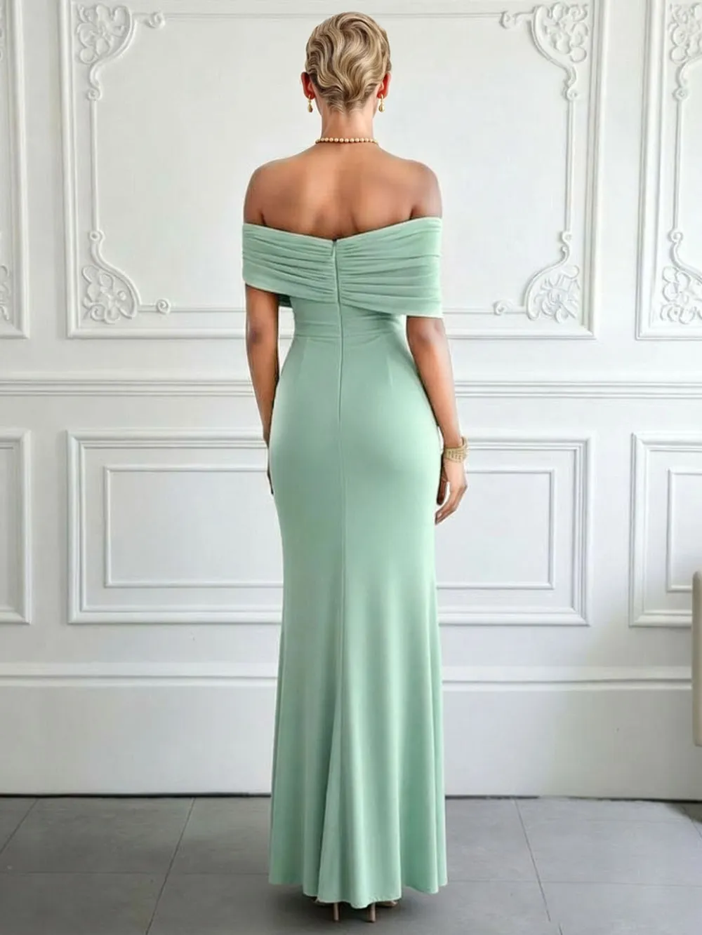 Off Shoulder Ruched Slit Maxi Dress