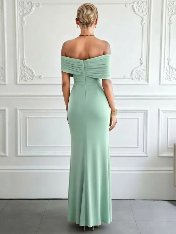 Off Shoulder Ruched Slit Maxi Dress