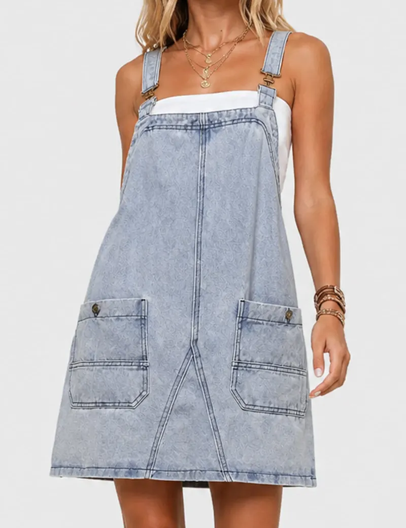 Adjustable Pocket Denim Mini Overall Dress