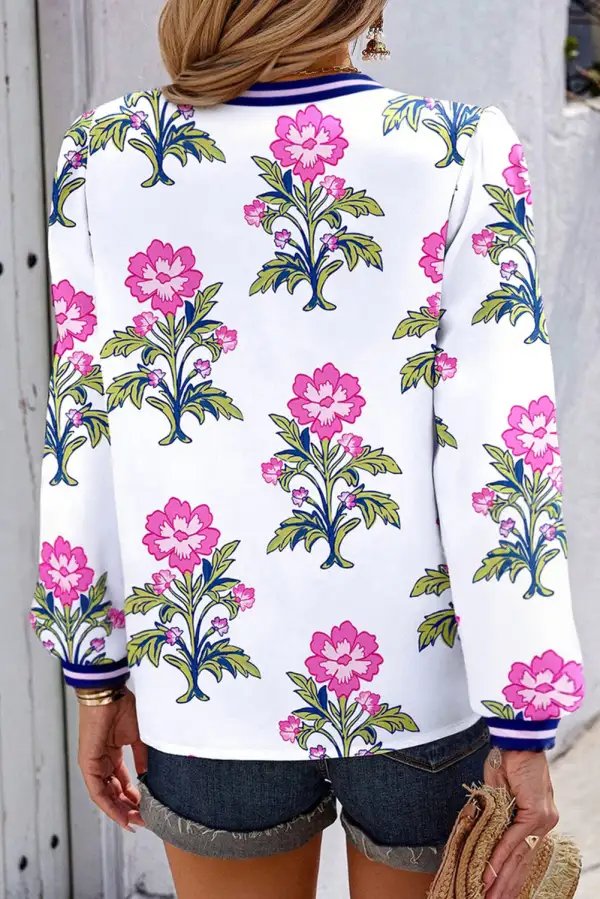 White Floral Print Striped V Neck Blouse
