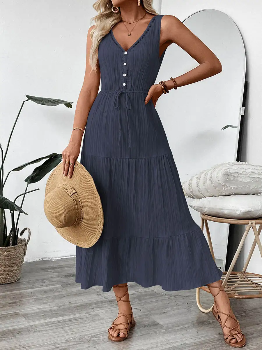 Waisted Pleated Buttoned Neck Maxi Dress