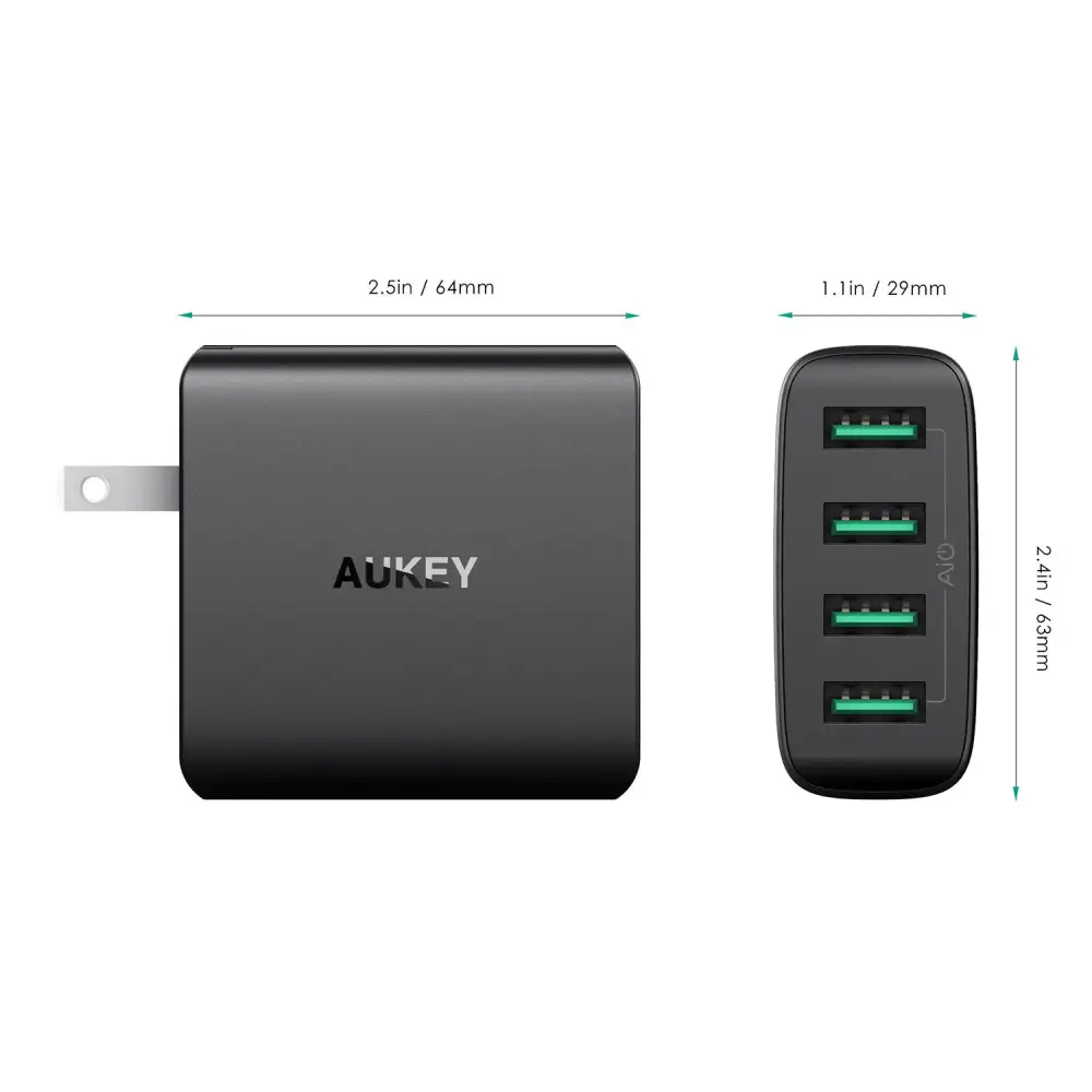 AUKEY USB Wall Charger 4 Ports with Foldable Plug