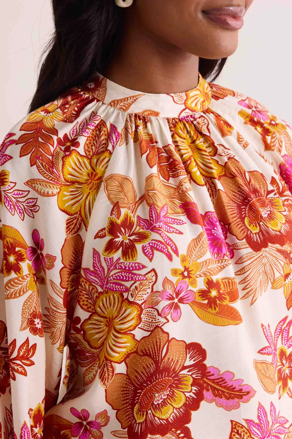 Floral Print Balloon Sleeve High Neck Blouse
