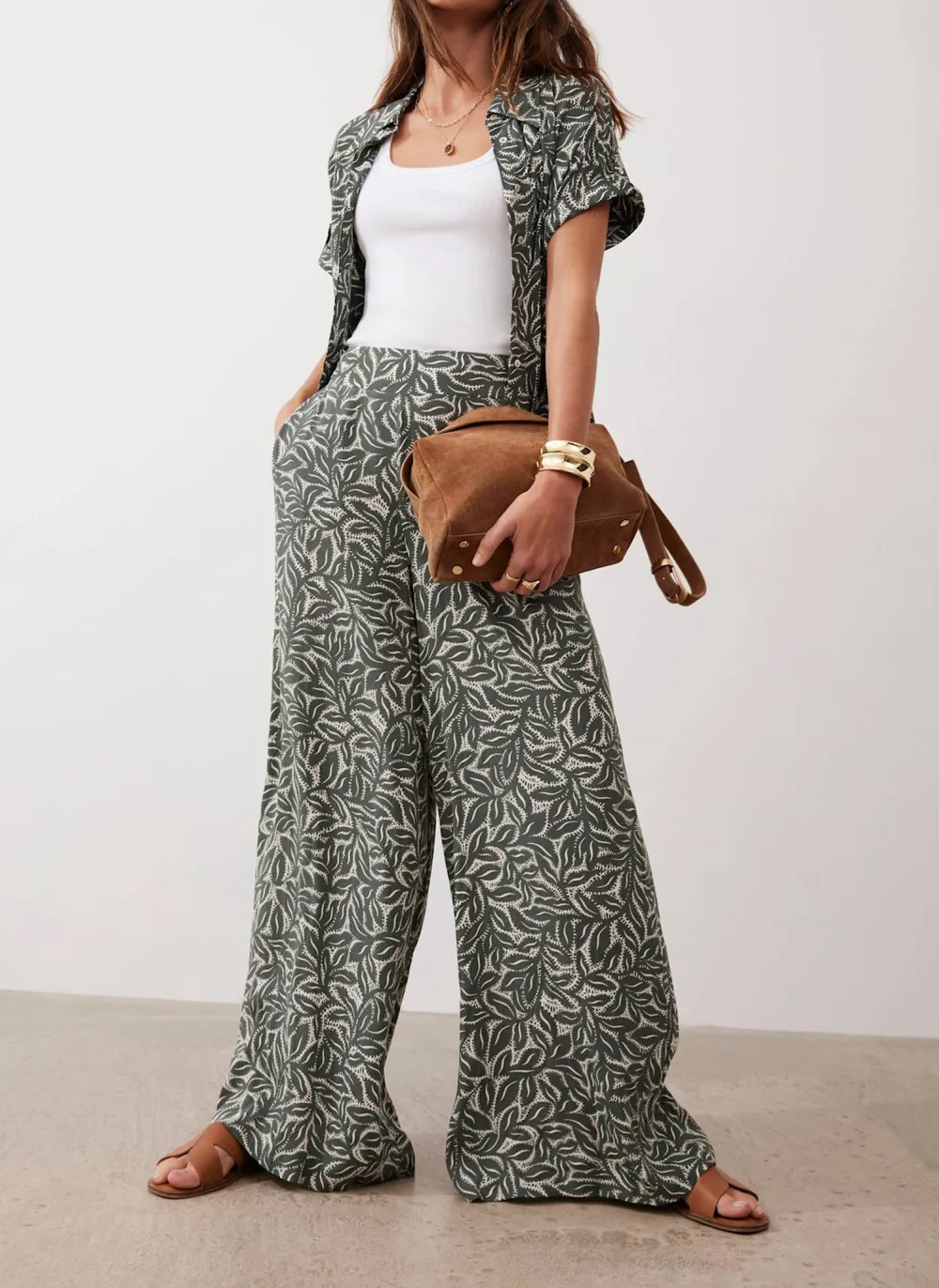 Casual Style Green Leaf Print Wide Trousers