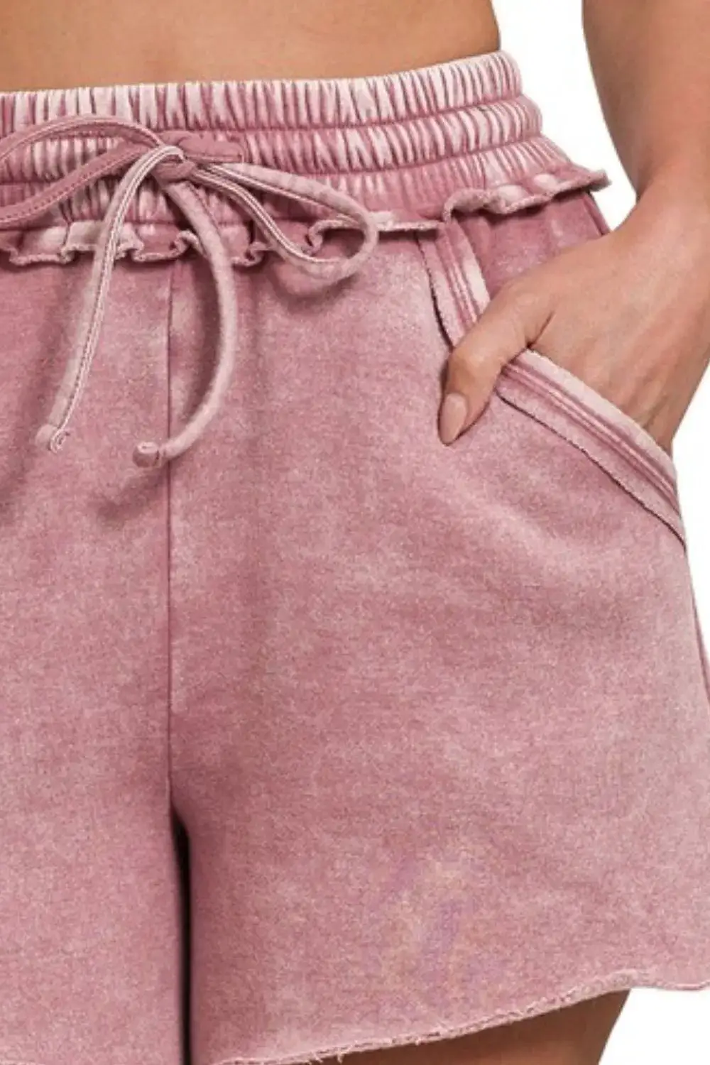 Acid Wash Fleece Drawstring Shorts with Pockets