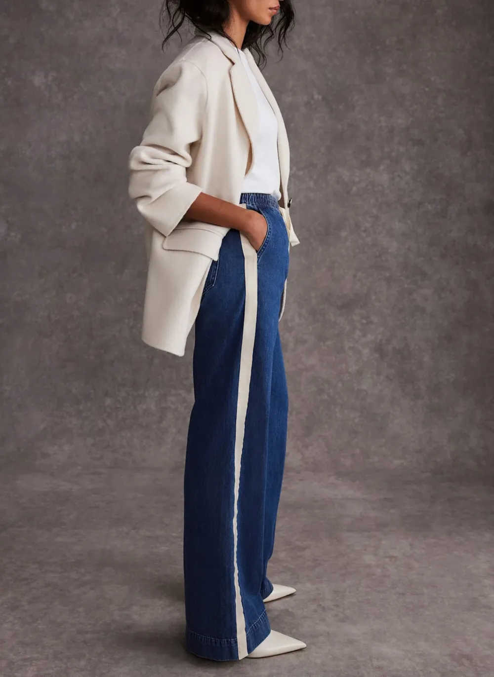 Casual Style Tie Waist Side Stripe Wide Jeans