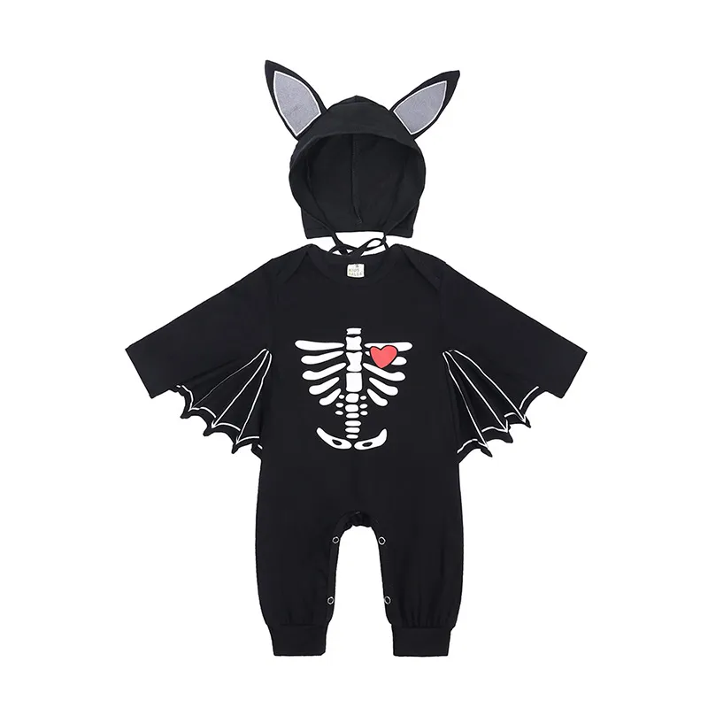 Halloween Skeleton Print Baby Romper Bat Costume Pumpkin Onesie with Hat