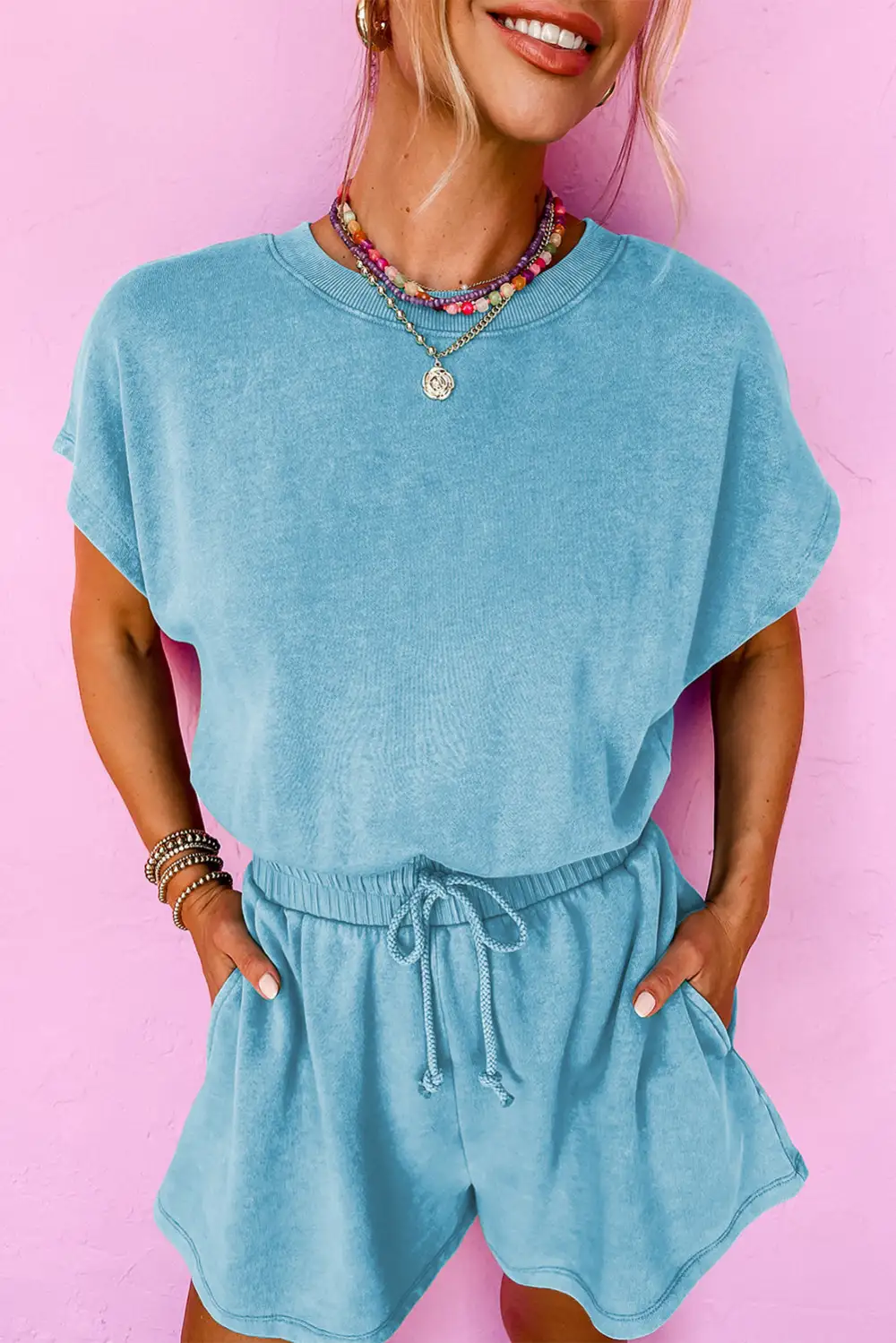 Relaxed Mineral Wash Drawstring Elastic Waistband Hollow Out Back Short Sleeve Romper