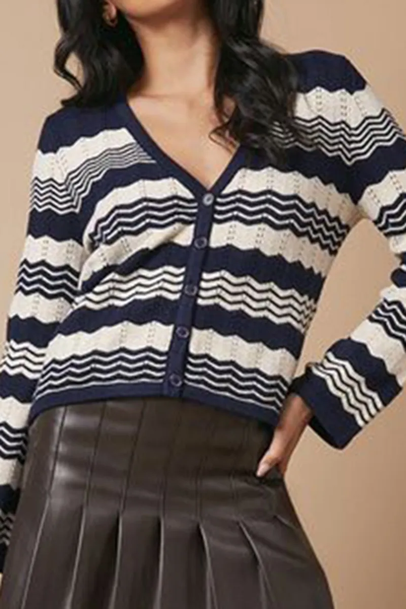 Casual Style V Neck Wide Sleeve Navy Sweaters