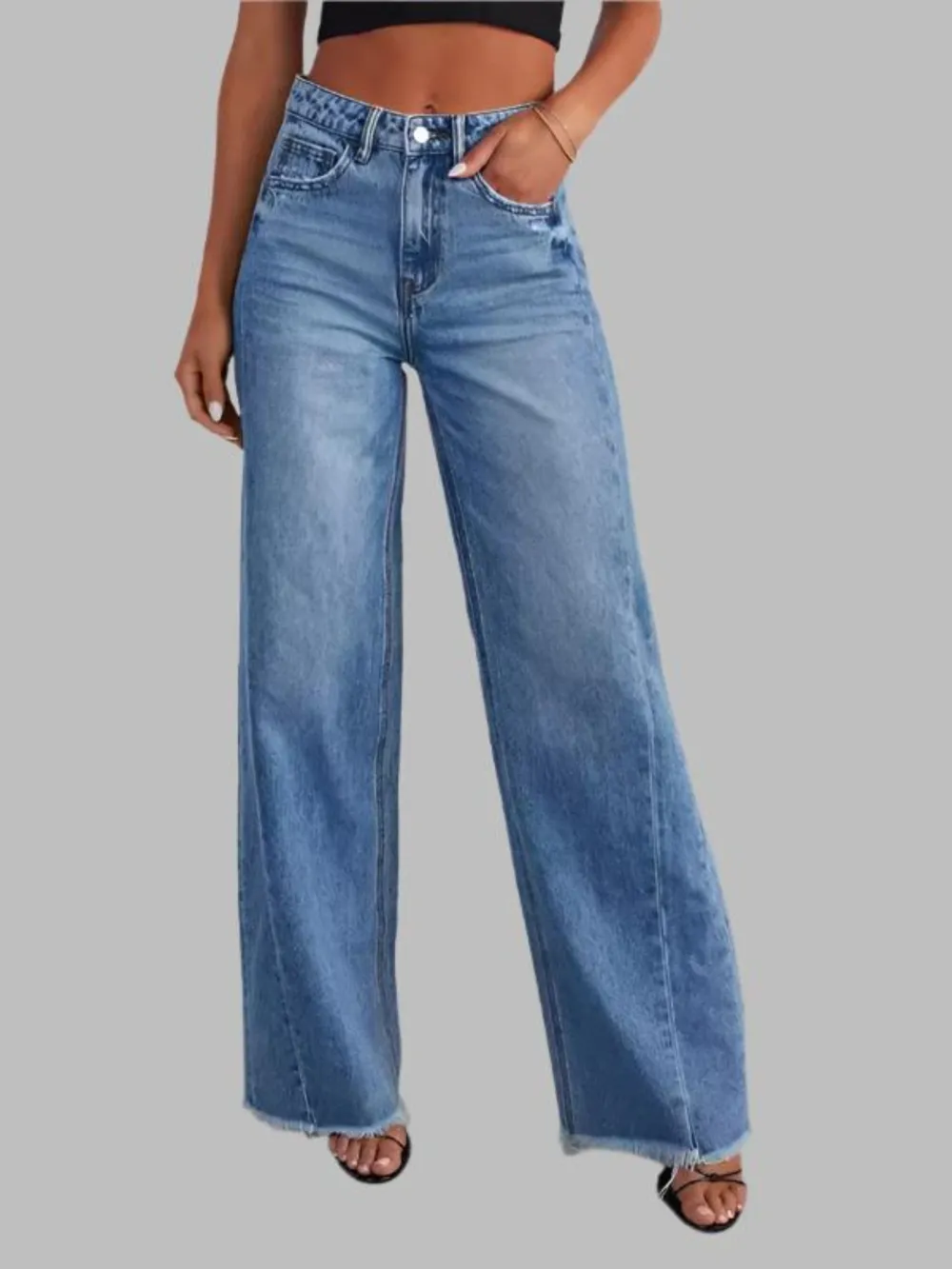 GYPSY GIRL-Wide Leg Side Seam Paneled Frayed Hem Jeans