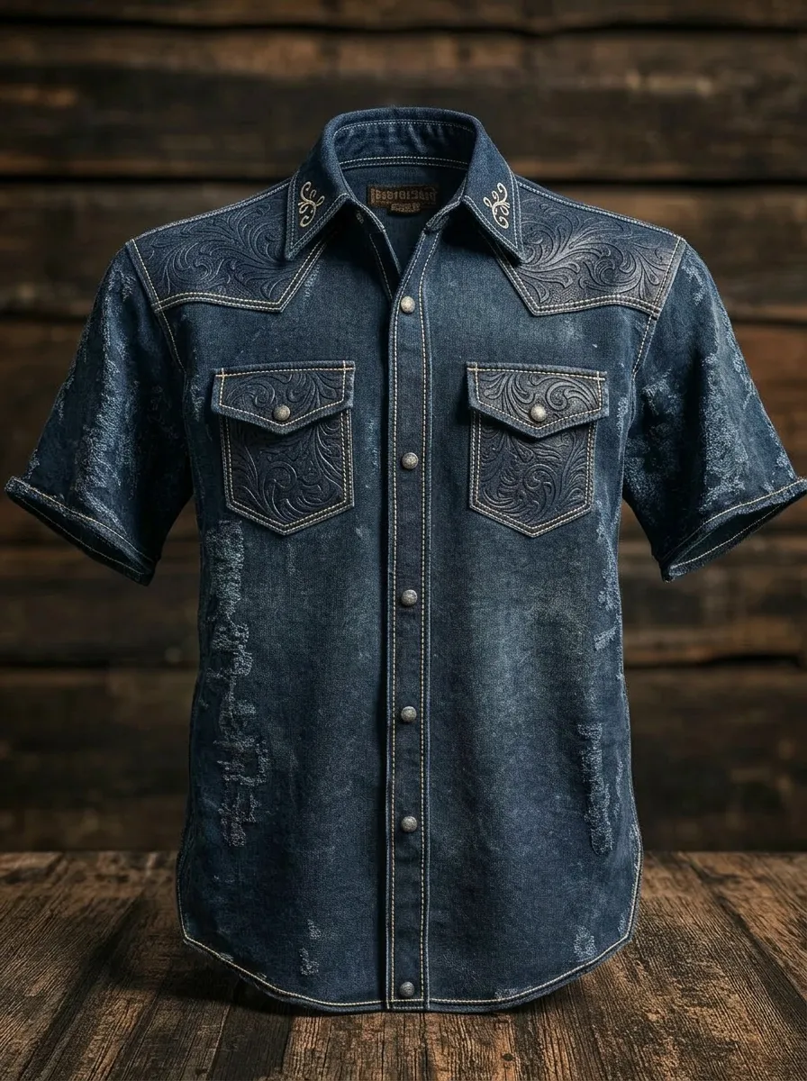 Men's Western Cowboy Tooled Leather Pattern Printed Denim Shirt