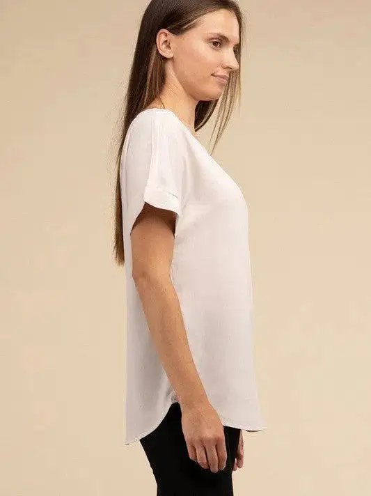 Sweet Basics Rolled Sleeve Boat Neck Top