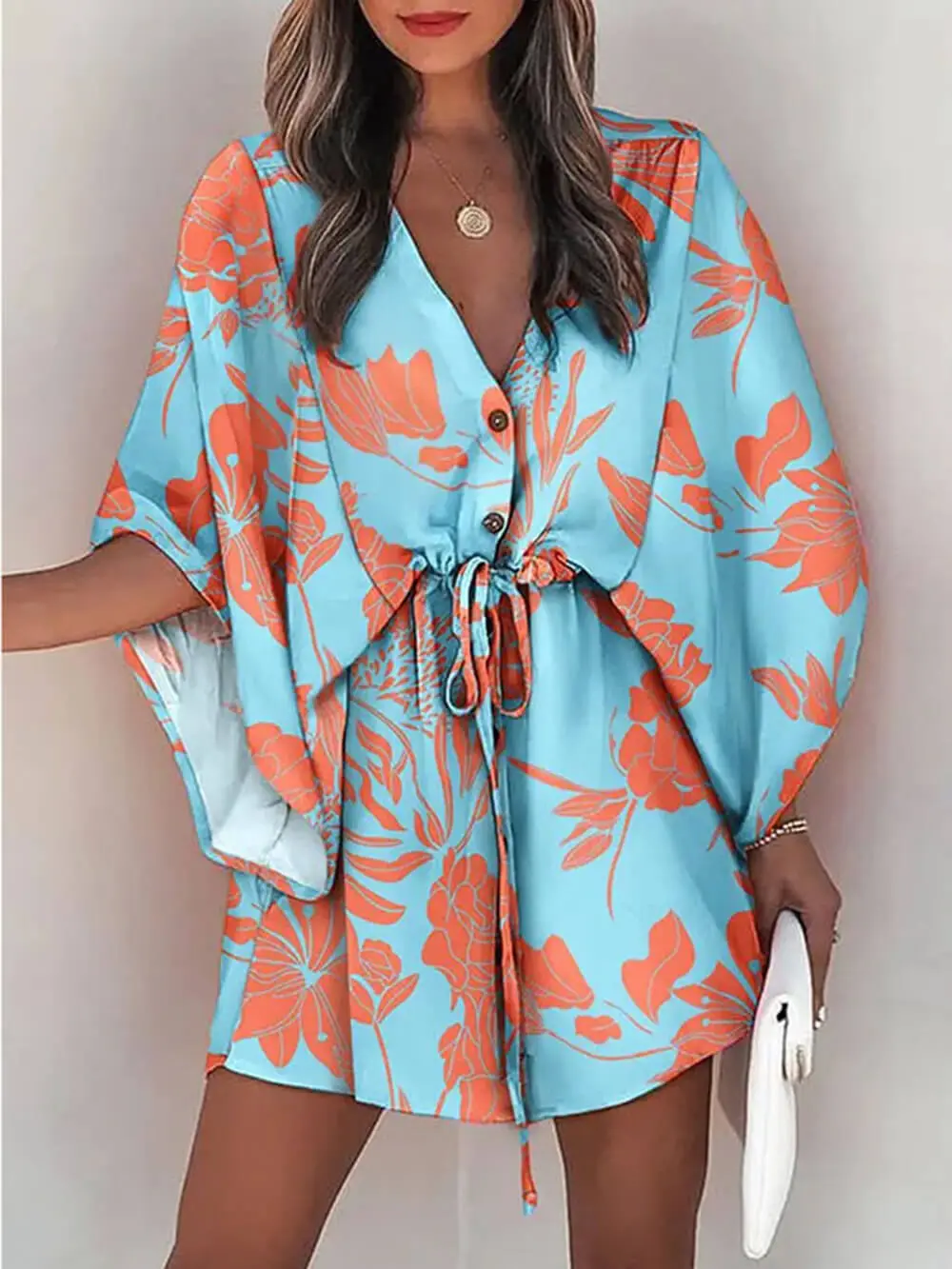 Neck Tie Printed Batwing Sleeve Mini Dress