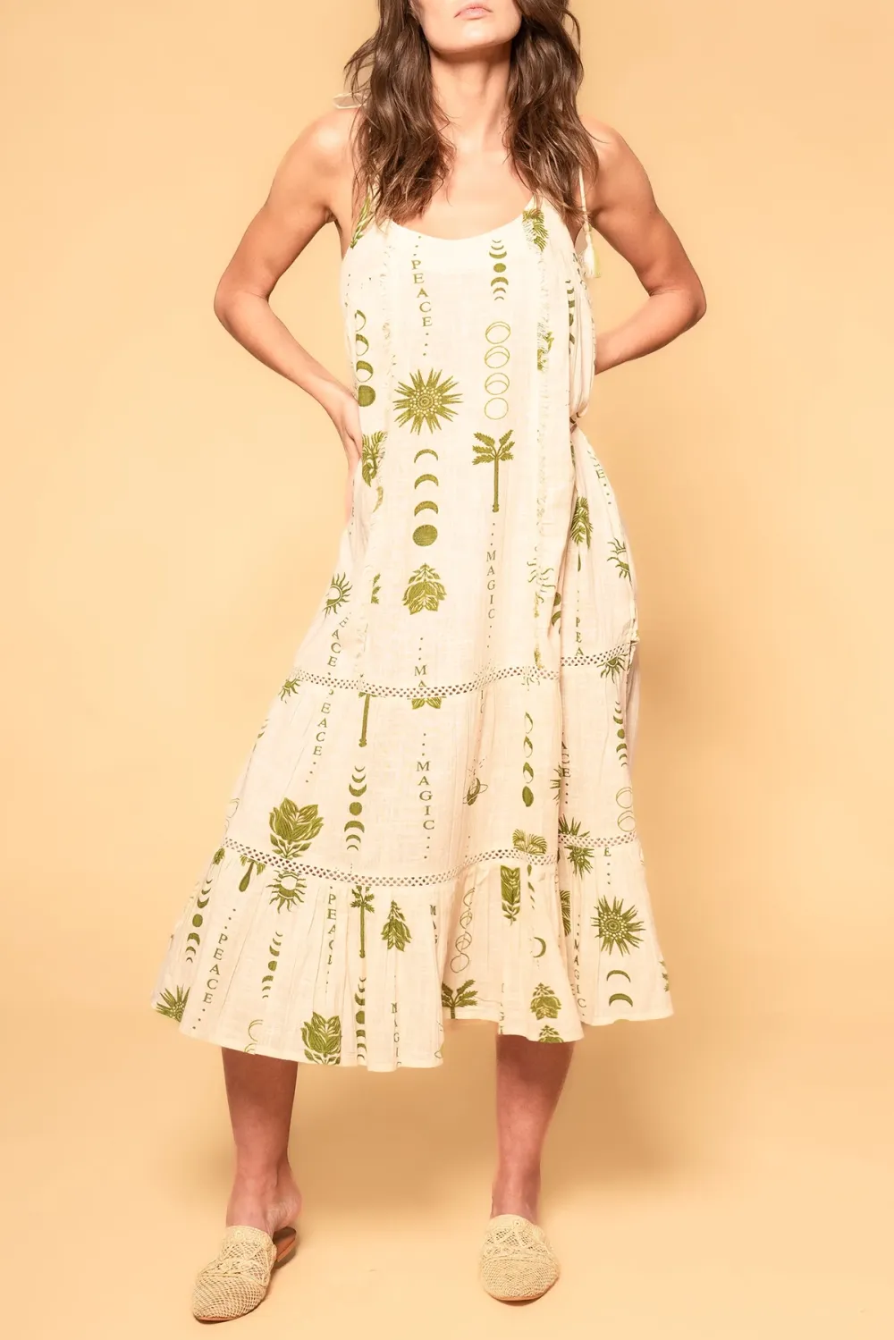 Cream Colored Palm Print Ruffled Midi Dress