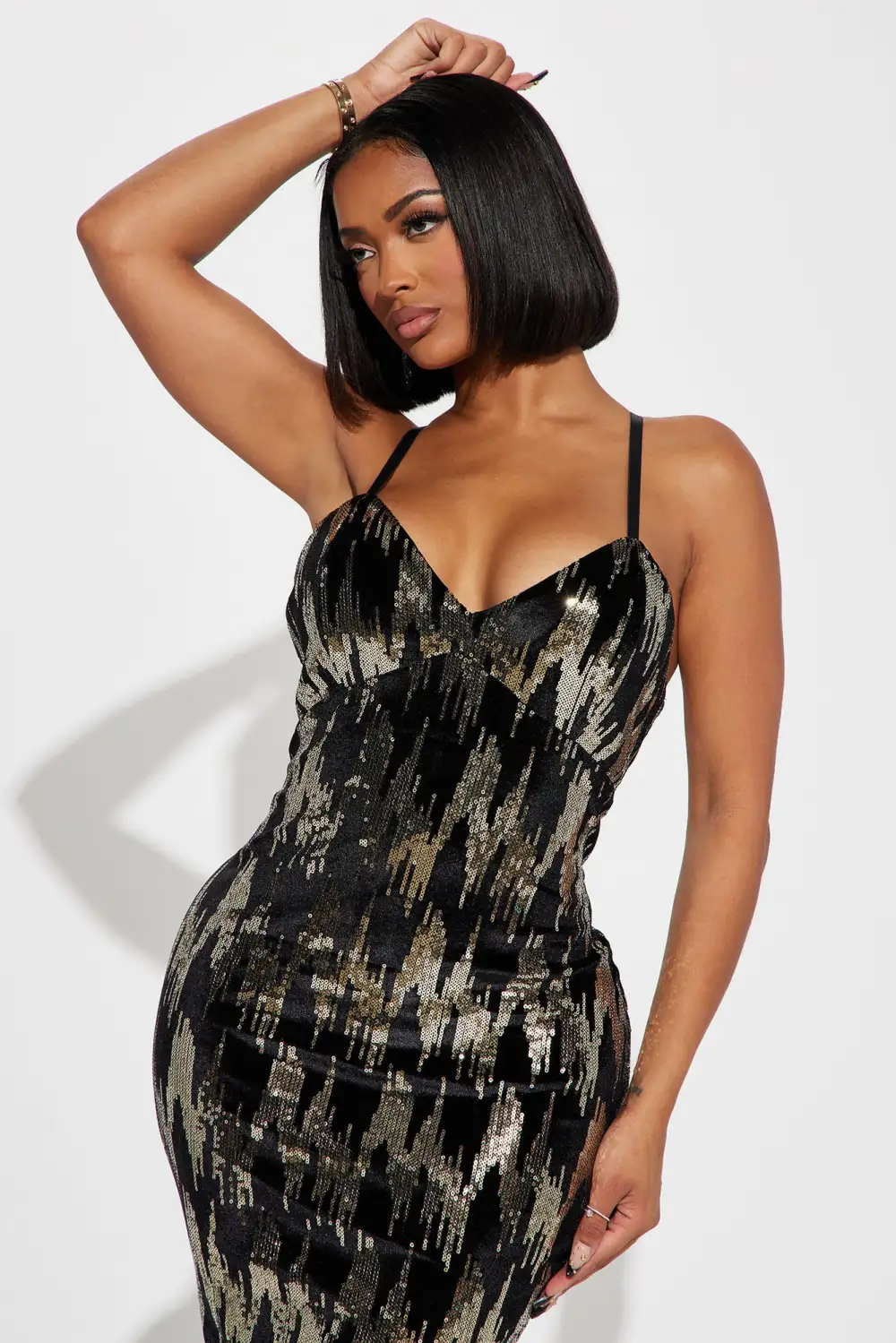 Stephanie Sequin Midi Dress - Black/Gold