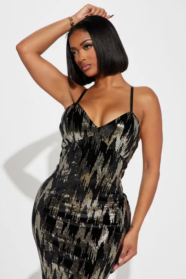 Stephanie Sequin Midi Dress - Black/Gold