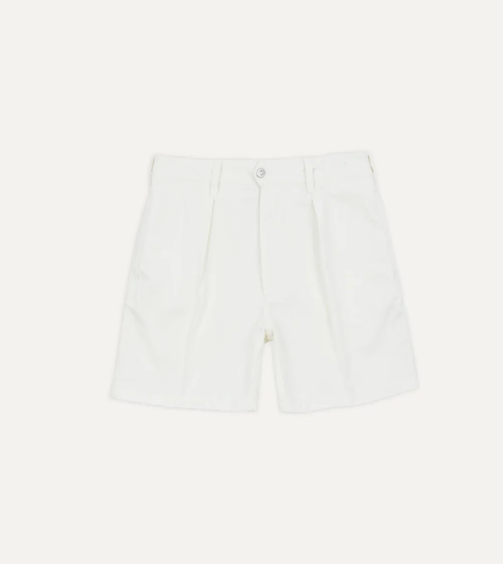 Daily Washed Ecru Cotton Twill Single-Pleat Shorts Casual Style