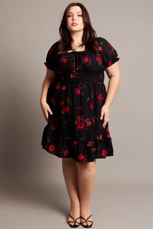 Black Floral Shirred Waist Frill Hem Minidress