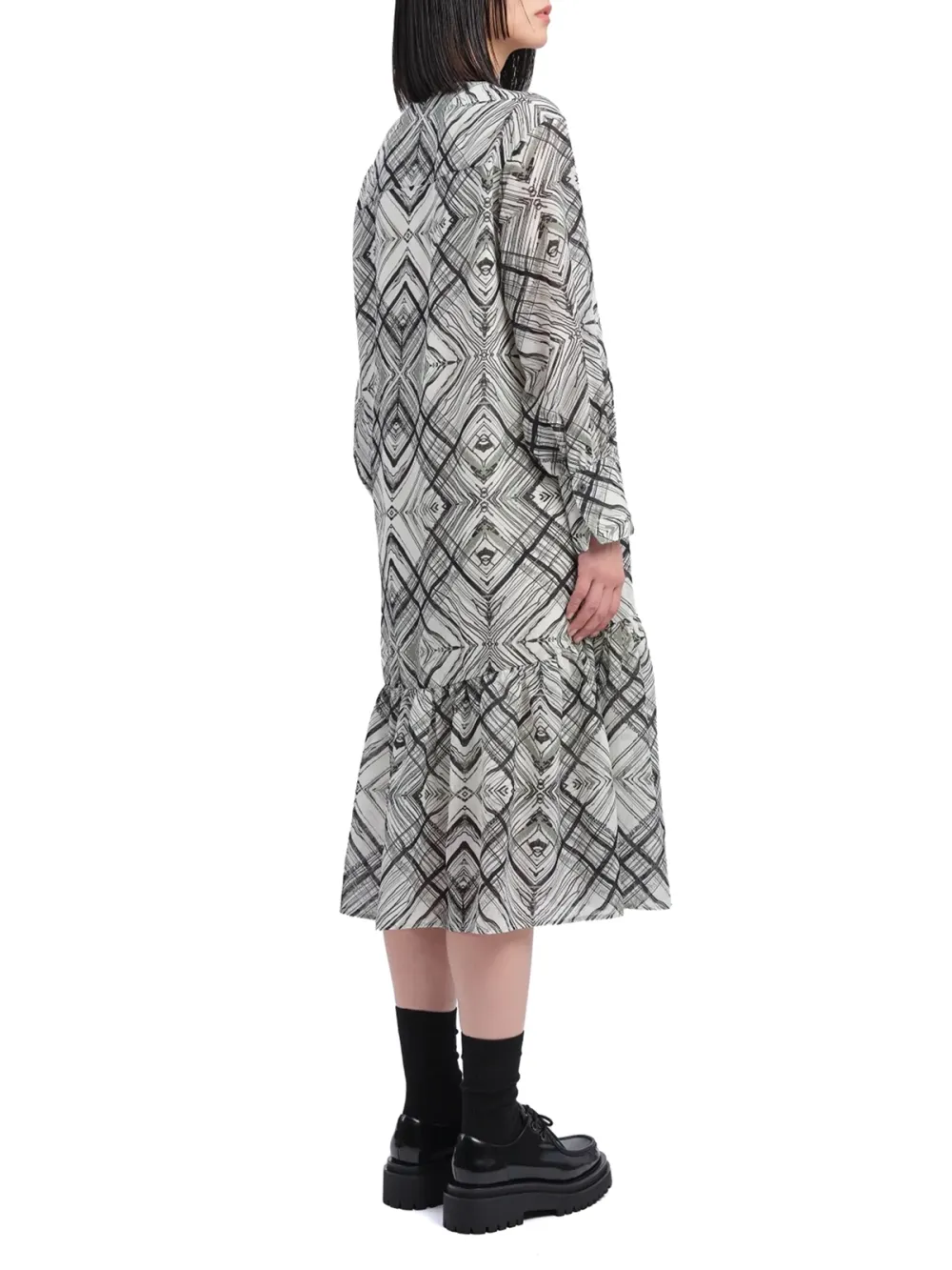 Geometric Pattern Long - Sleeve Midi Dress