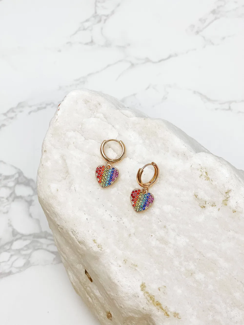 Rainbow Pave Heart Dangle Huggies Jewelry